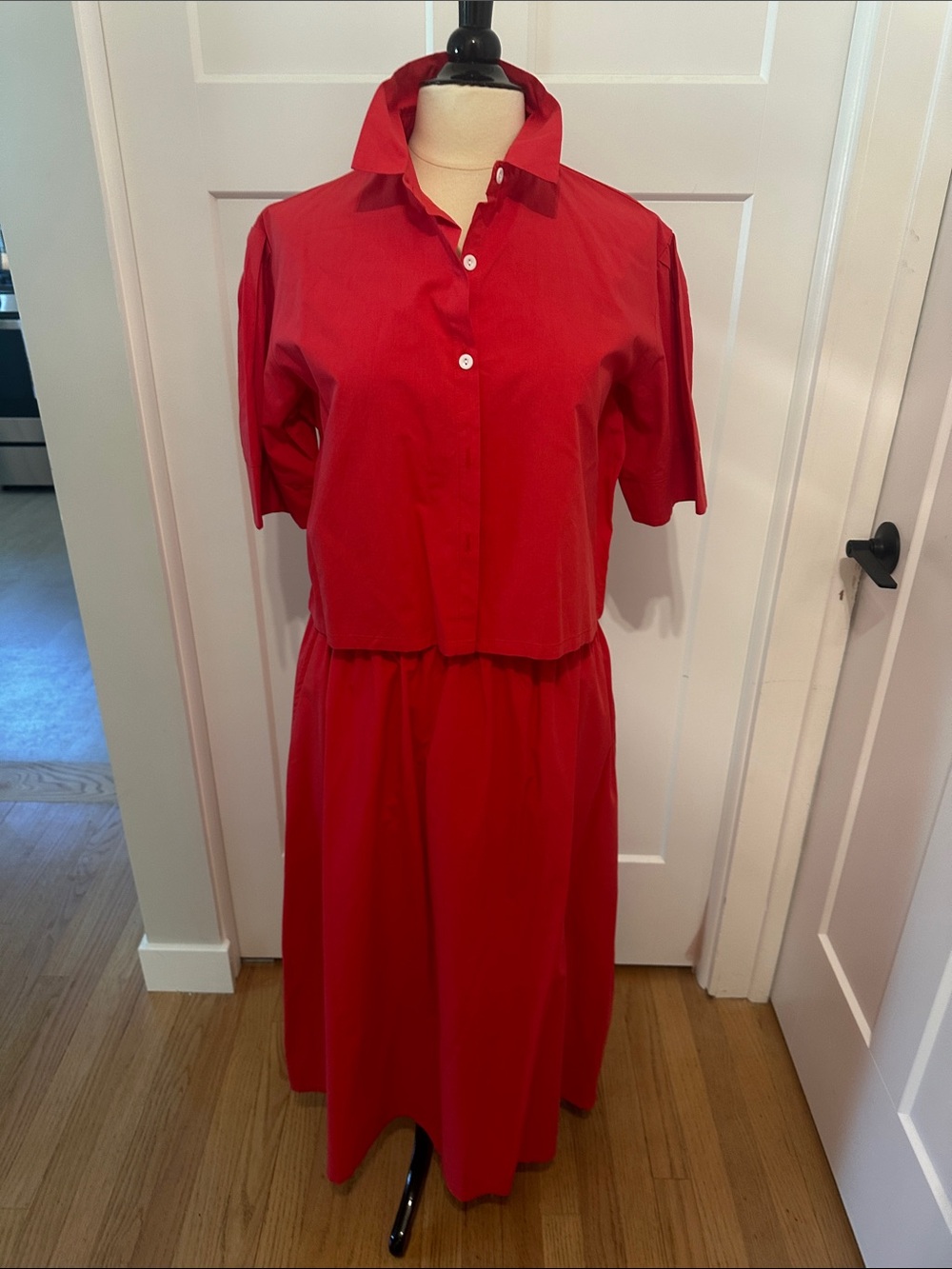 Red Button-Front Midi Dress with Cropped Top